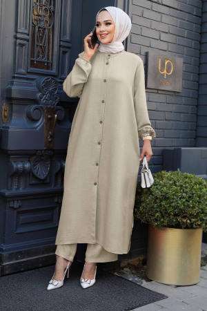 Düğmeli Bej Tesettür İkili Takım 19017BEJ 