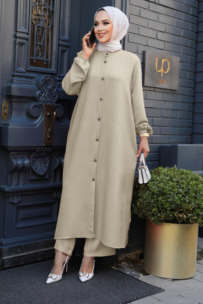 Düğmeli Bej Tesettür İkili Takım 19017BEJ - 1