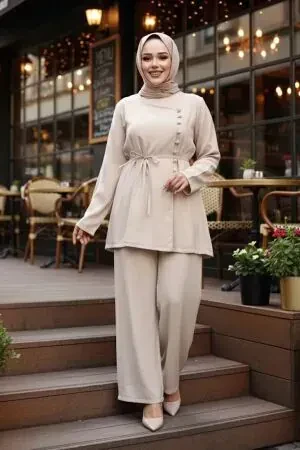Düğmeli Bej Tesettür İkili Takım 30431BEJ 