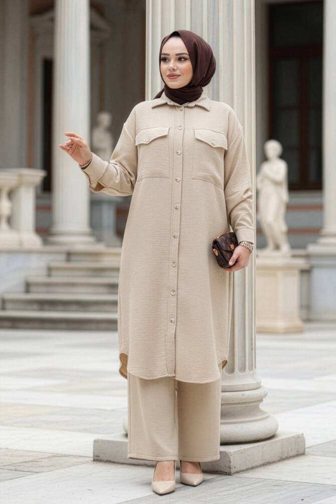 Düğmeli Bej Tesettür İkili Takım 44661BEJ - 1