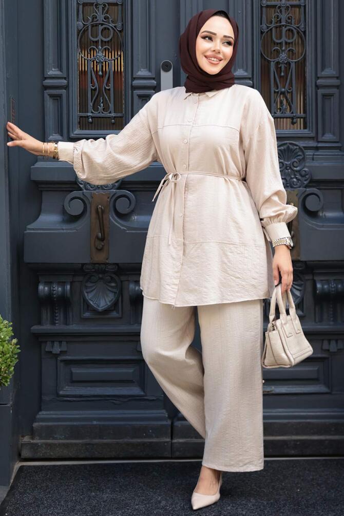 Düğmeli Bej Tesettür İkili Takım 60341BEJ - 2