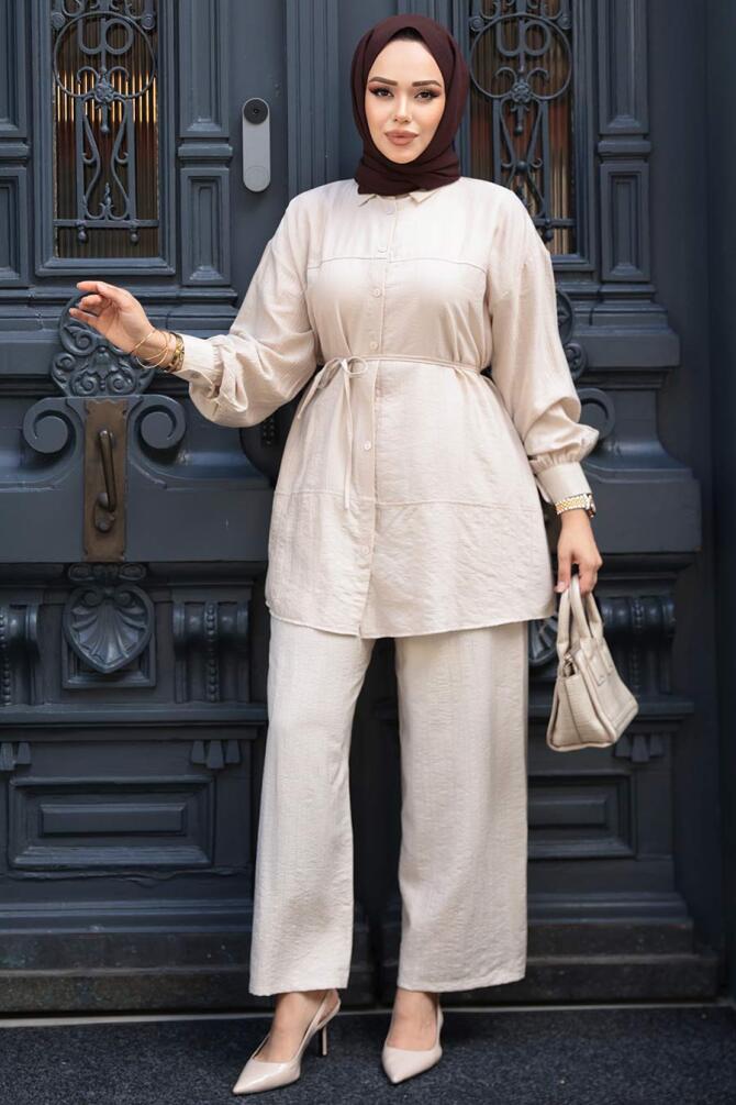 Düğmeli Bej Tesettür İkili Takım 60341BEJ - 3