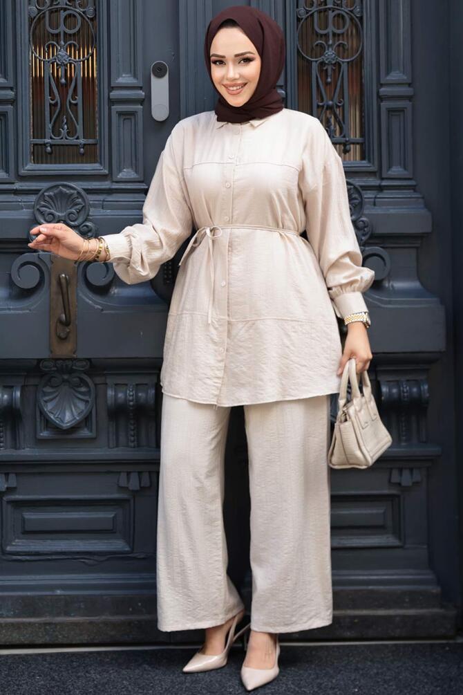 Düğmeli Bej Tesettür İkili Takım 60341BEJ - N.S NEVA STYLE