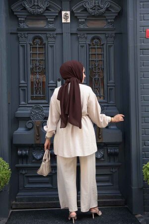 Düğmeli Bej Tesettür İkili Takım 60341BEJ - 4