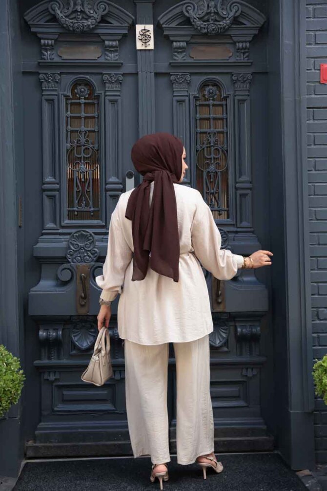 Düğmeli Bej Tesettür İkili Takım 60341BEJ - 4