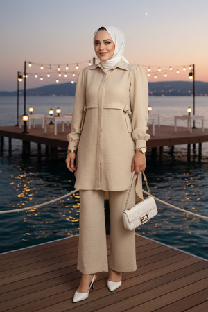 Düğmeli Bej Tesettür İkili Takım 68351BEJ - NEVA STYLE