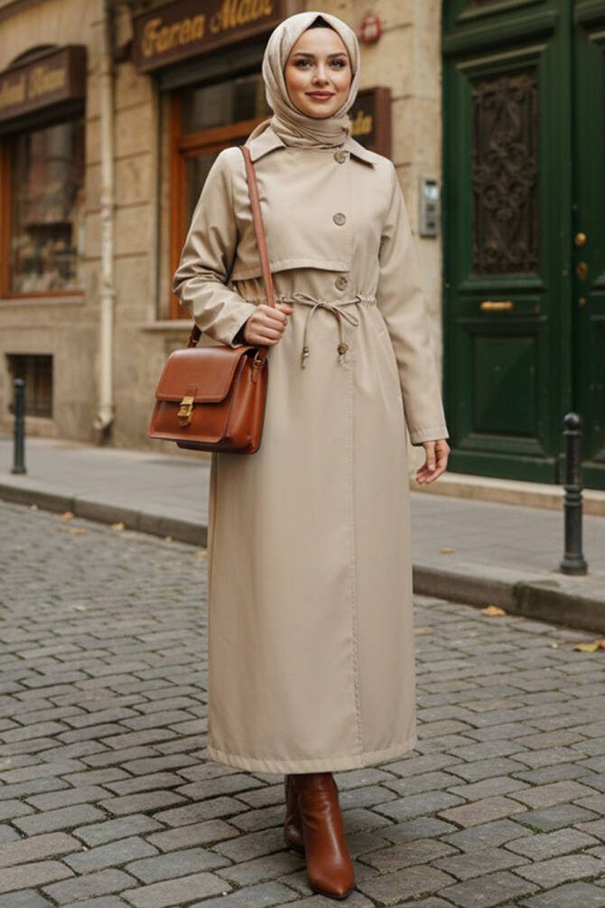 Düğmeli Bej Tesettür Trençkot 62231BEJ - N.S NEVA STYLE