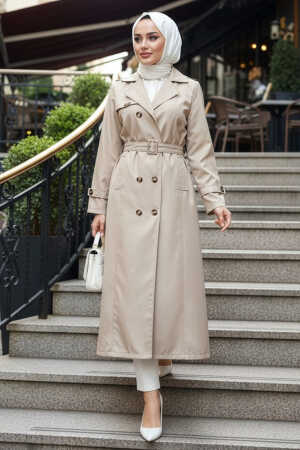 Düğmeli Bej Tesettür Trençkot 7261BEJ - N.S NEVA STYLE