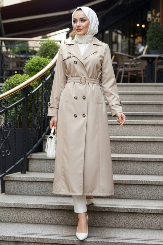 Düğmeli Bej Tesettür Trençkot 7261BEJ - N.S NEVA STYLE