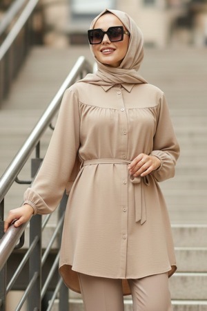 Düğmeli Bej Tesettür Tunik 10184BEJ - N.S NEVA STYLE
