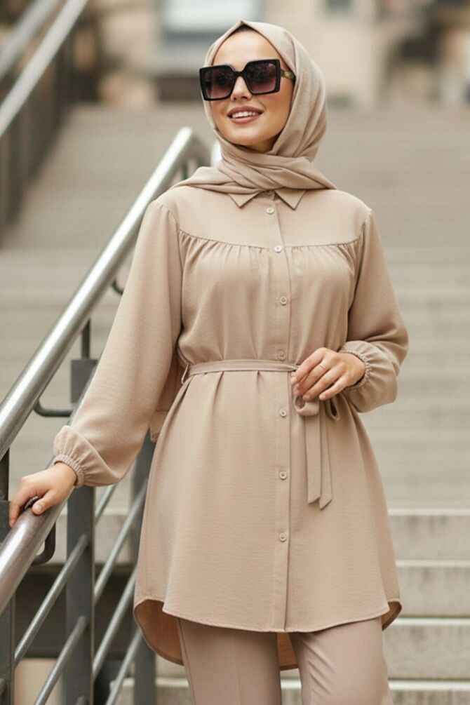Roba Detaylı Bej Tesettür Tunik 10184BEJ - 1