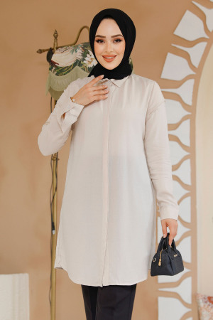 Düğmeli Bej Tesettür Tunik 11715BEJ - 1