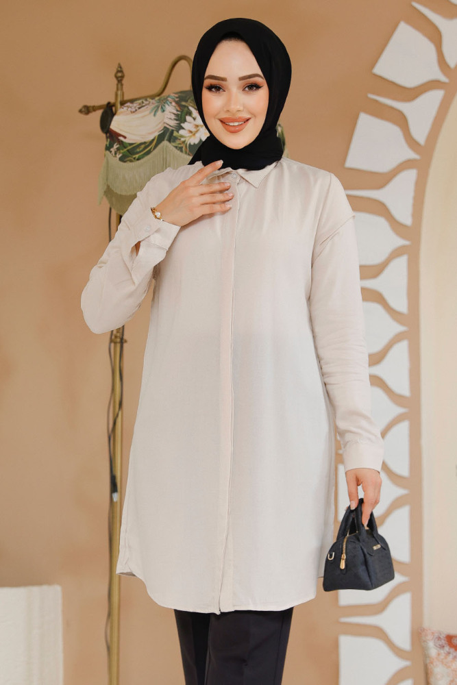 Düğmeli Bej Tesettür Tunik 11715BEJ - 1
