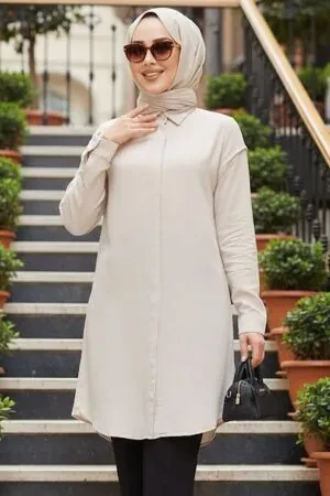 Düğmeli Bej Tesettür Tunik 11715BEJ 