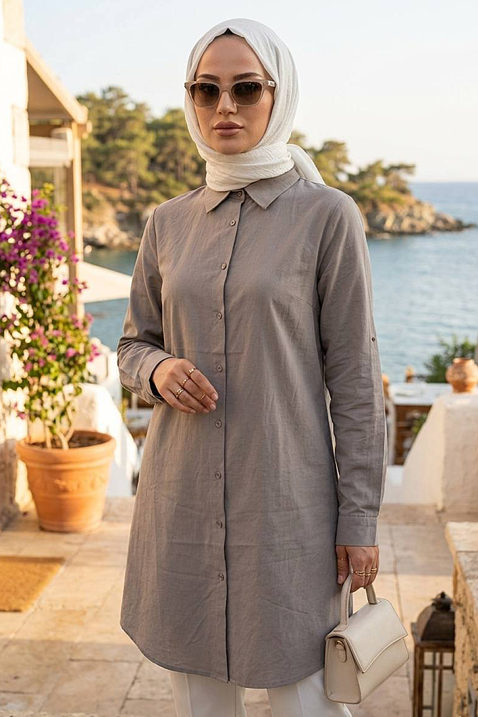 Düğmeli Bej Tesettür Tunik 11751BEJ - 1