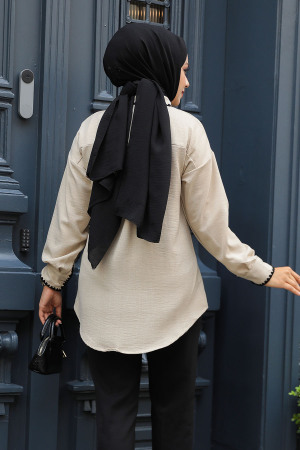 Düğmeli Bej Tesettür Tunik 11991BEJ - 3