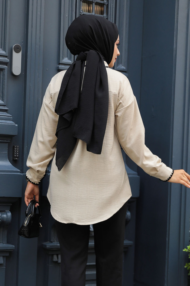 Düğmeli Bej Tesettür Tunik 11991BEJ - 3