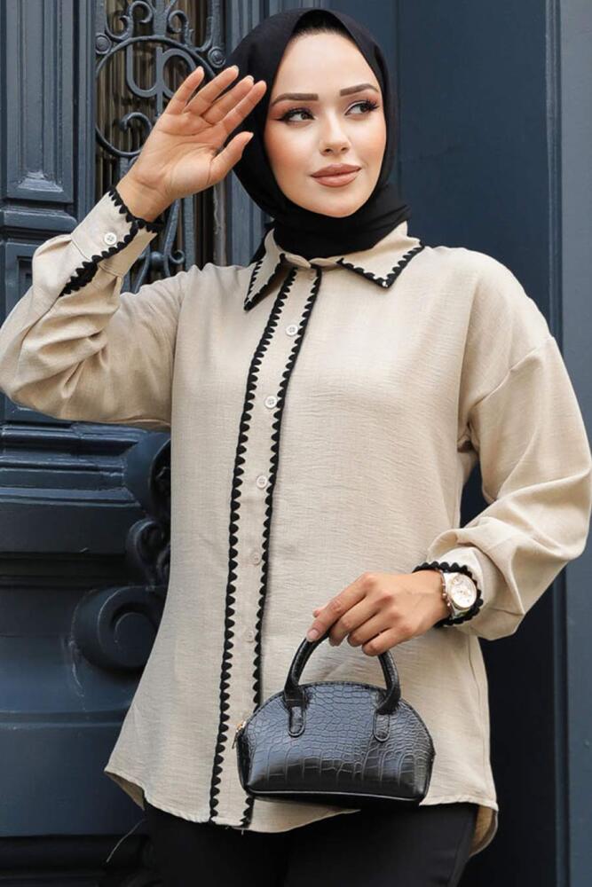 Düğmeli Bej Tesettür Tunik 11991BEJ - 2