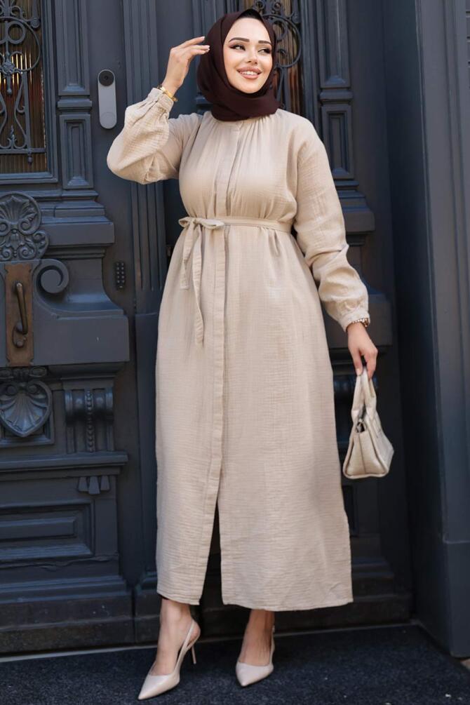 Düğmeli Bej Tesettür Tunik 19045BEJ - 3