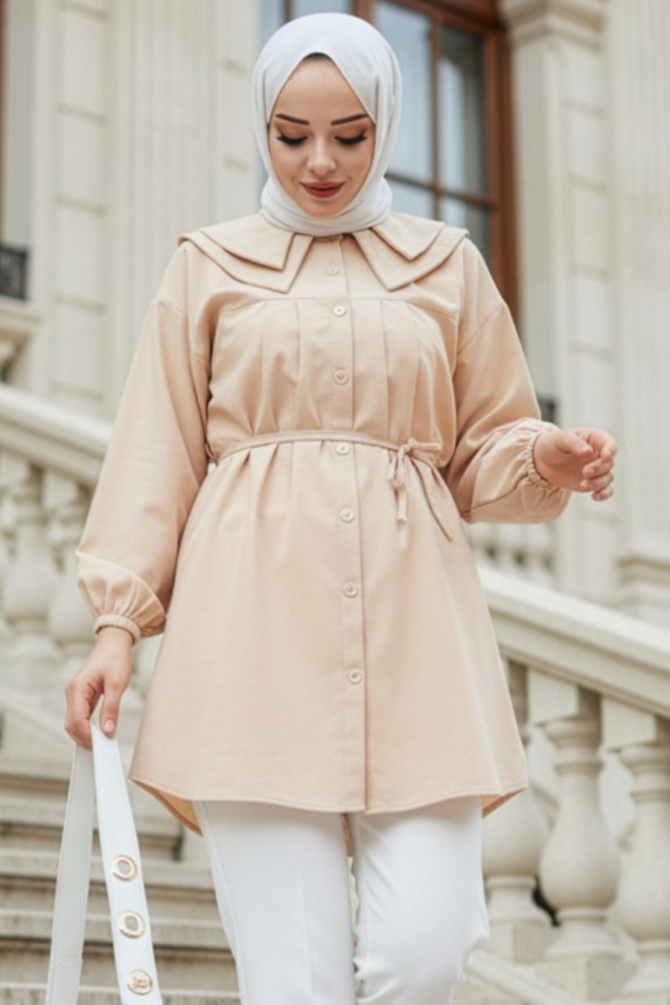 Düğmeli Bej Tesettür Tunik 20228BEJ - 1