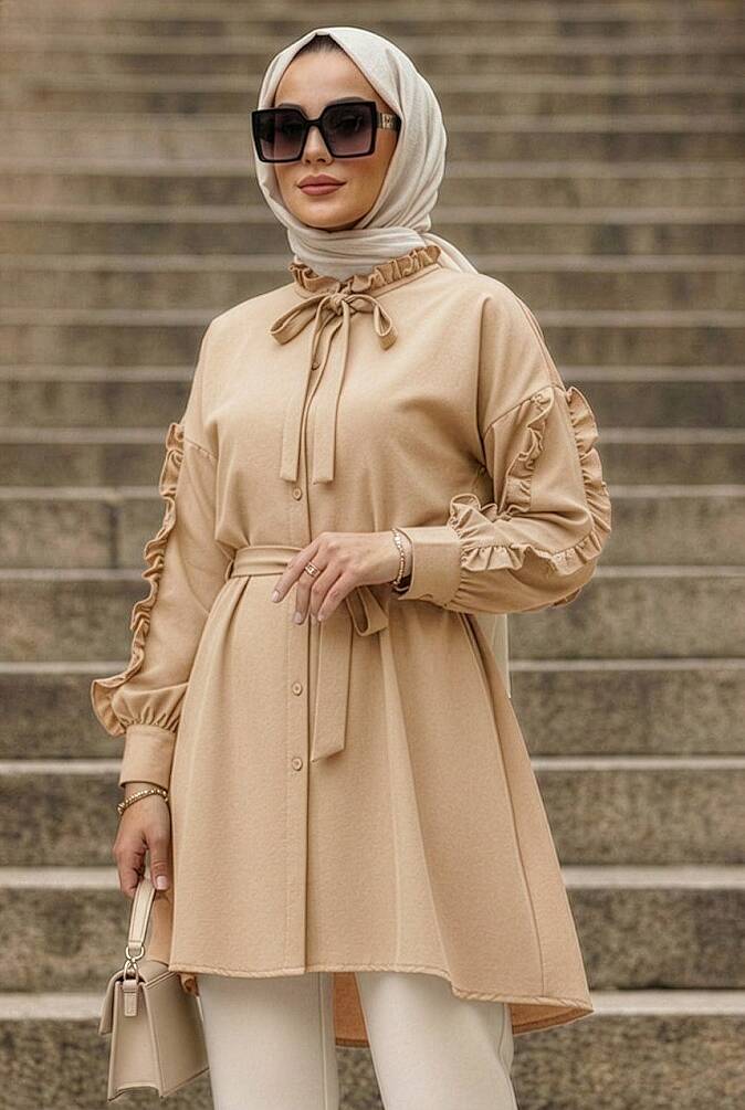Düğmeli Bej Tesettür Tunik 20295BEJ - 1