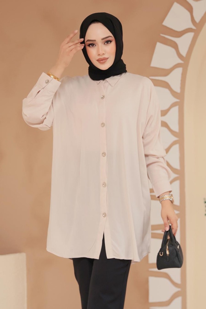 Düğmeli Bej Tesettür Tunik 20408BEJ - NEVA STYLE