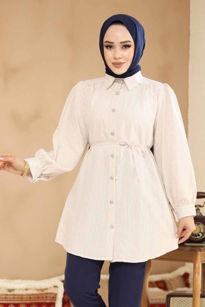 Düğmeli Bej Tesettür Tunik 42421BEJ - NEVA STYLE