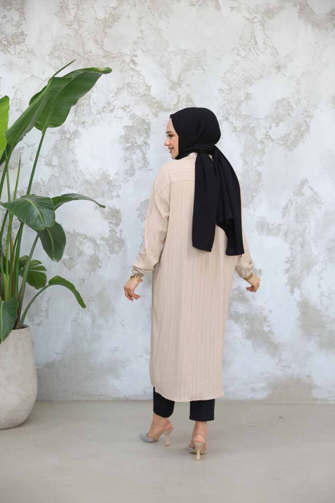 Düğmeli Bej Tesettür Tunik 45071BEJ - 4