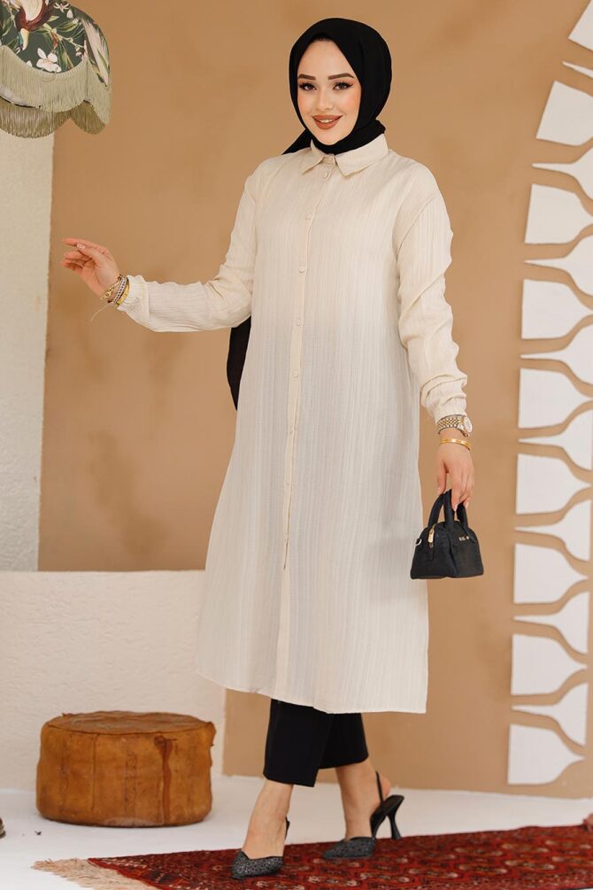 Düğmeli Bej Tesettür Tunik 70381BEJ - NEVA STYLE