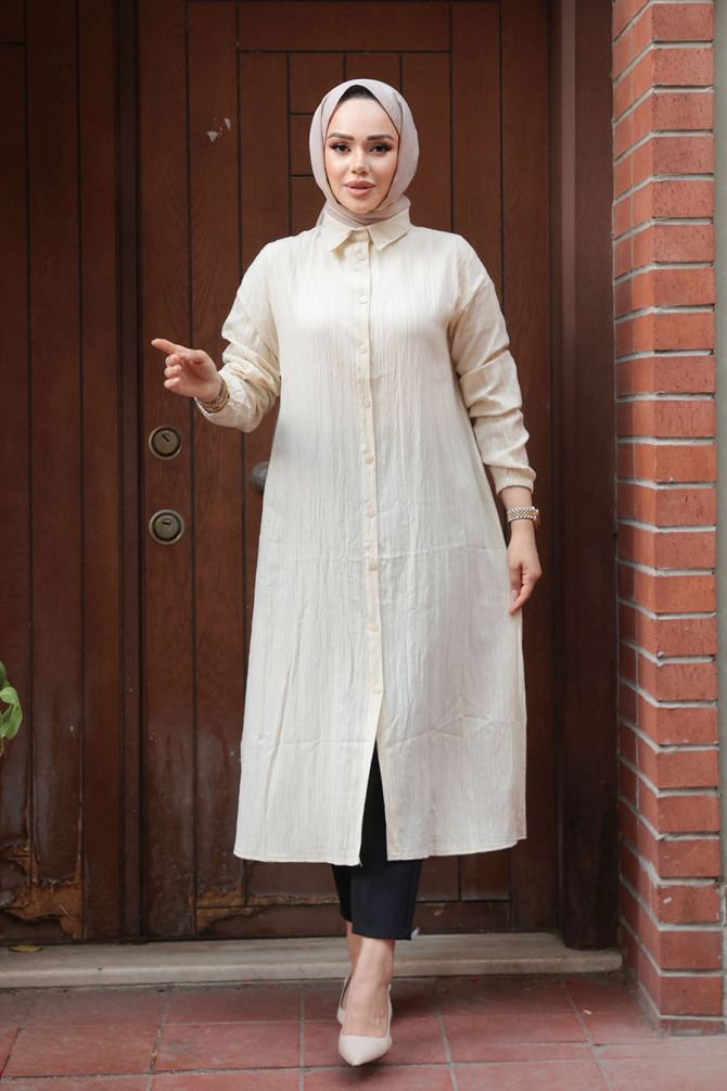 Düğmeli Bej Tesettür Tunik 70551BEJ - 1