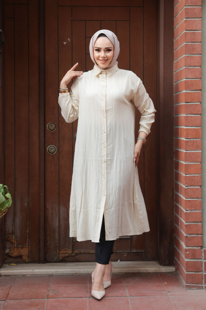 Düğmeli Bej Tesettür Tunik 70551BEJ - 2