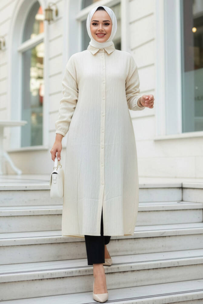 Düğmeli Bej Tesettür Tunik 70551BEJ - 1