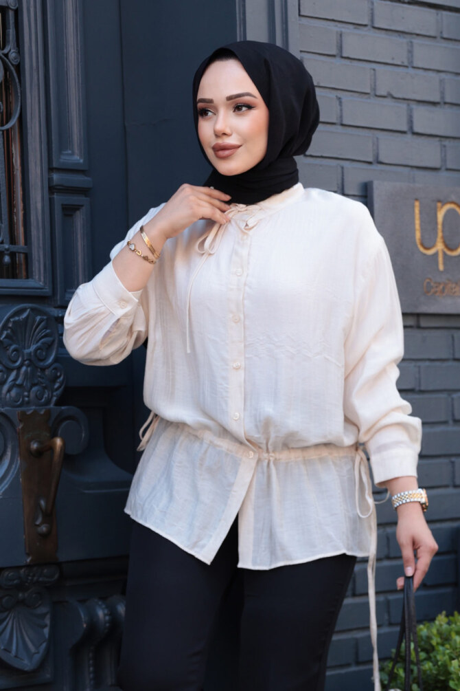 Düğmeli Bej Tesettür Gömlek 32358BEJ - 1