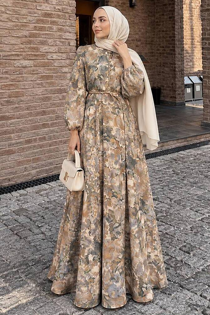 Düğmeli Beli Büzgülü Çiçek Desenli Sarı Tesettür Elbise 24981SR - 1