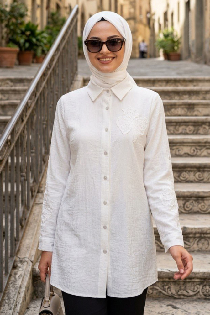 Düğmeli Beyaz Çilek Kumaş Tesettür Tunik 11201B - N.S NEVA STYLE