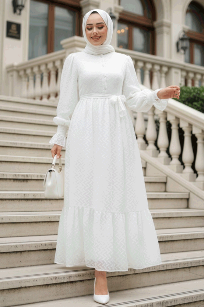 Düğmeli Beyaz Tesettür Elbise 13902B - 1