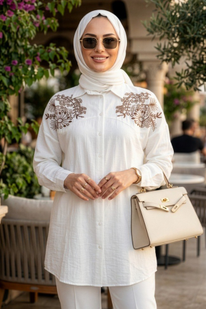 Düğmeli Beyaz Tesettür Tunik 10092B 