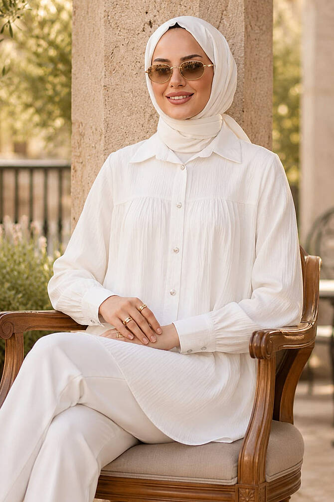Düğmeli Beyaz Tesettür Tunik 10682B - 1