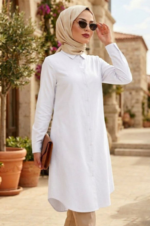 Düğmeli Beyaz Tesettür Tunik 11751B 