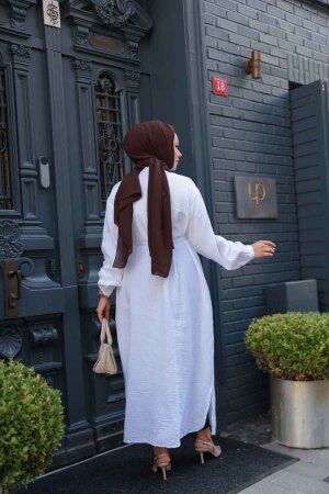 Düğmeli Beyaz Tesettür Tunik 19045B - 3