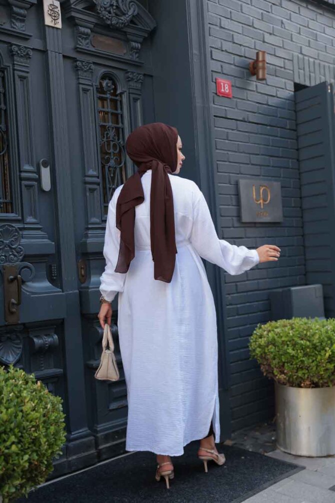 Düğmeli Beyaz Tesettür Tunik 19045B - 3