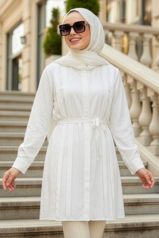 Düğmeli Beyaz Tesettür Tunik 20273B - 1