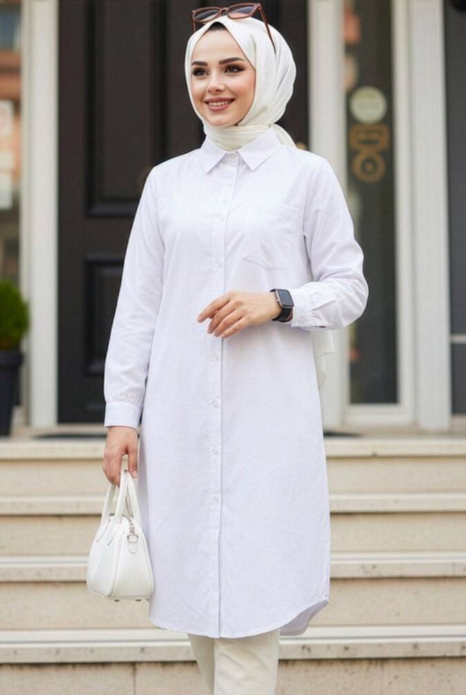 Düğmeli Beyaz Tesettür Tunik 30293B - 1