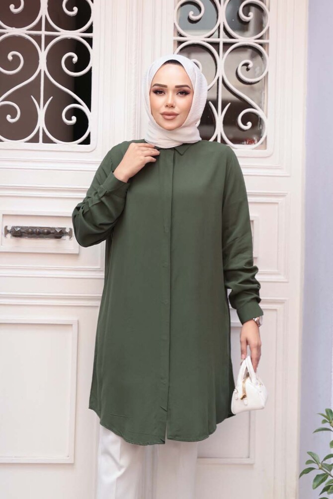 Düğmeli Açık Haki Tesettür Tunik 11715AHK - 1