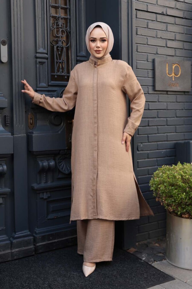 Düğmeli Bisküvi Tesettür Üçlü Takım 76591BS - N.S NEVA STYLE