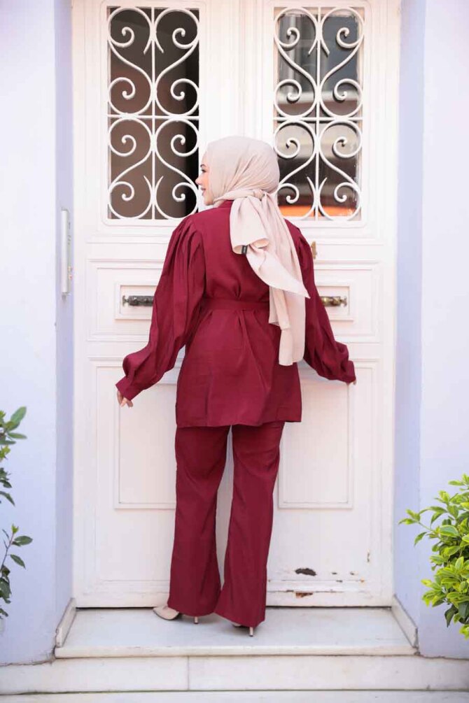 Düğmeli Bordo Modal Kumaş Tesettür İkili Takım 30264BR - 4