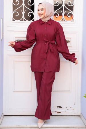 Düğmeli Bordo Modal Kumaş Tesettür İkili Takım 30264BR - 3