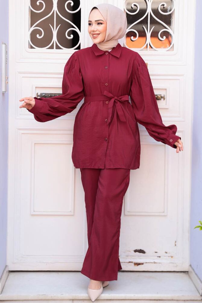 Düğmeli Bordo Modal Kumaş Tesettür İkili Takım 30264BR - 3