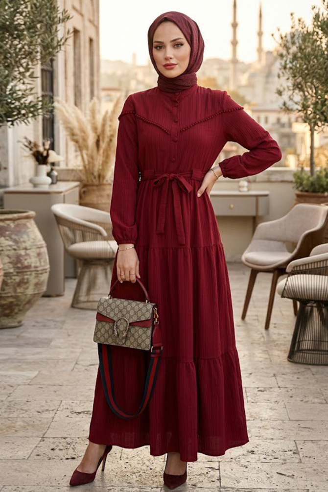 Düğmeli Bordo Tesettür Elbise 10213BR - 1