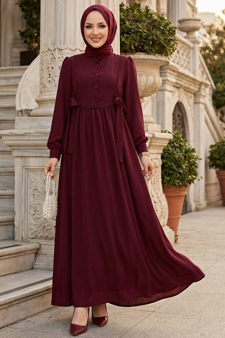 Düğmeli Bordo Tesettür Elbise 10391BR